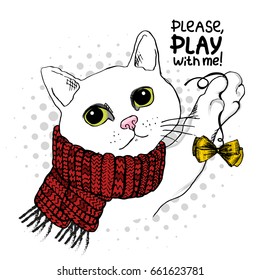 Vector gato blanco con lazo y bufanda. Dibujado a mano ilustración de gato vestido 