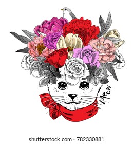 
Vector white cat with bow and wreath. Hand drawn illustration of dressed cat.
