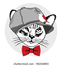 Vector white cat with cap, bird and bow. Hand drawn illustration of dressed cat.