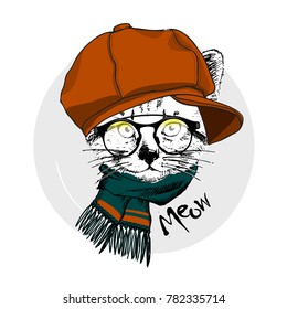 Vector white cat with cap, glasses and scarf. Hand drawn illustration of dressed cat.