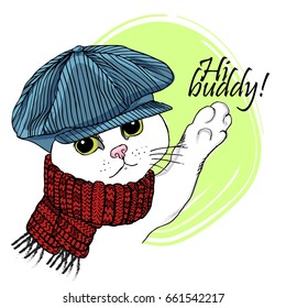 Vector white cat with a cap and red scarf. Hand drawn illustration of dressed cat 