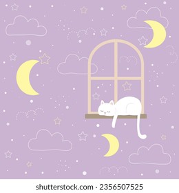 vector  of white cat cartoon sleeping on windowsill  at night sky with starts and half moon , wavy dotted lines and white dots on purple background  illustration