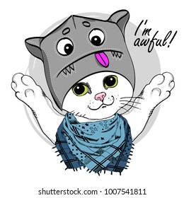 Vector white cat with funny mask. Hand drawn illustration of kitten.