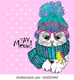 Vector white cat with glasses, bird, knitted scarf and hat. Hand drawn illustration of white kitten.