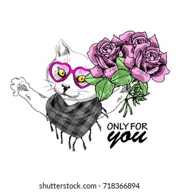 Vector white cat with glasses and bouquet. Hand drawn illustration of dressed cat with pink roses.