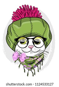 Vector white cat with glasses, green hat and scarf. Hand drawn illustration of dressed cat.