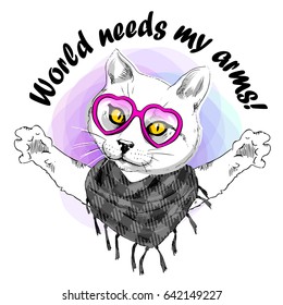 Vector white cat with glasses. Hand drawn illustration of cat.