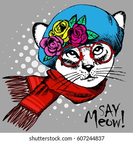 Vector white cat with glasses, hat and scarf. Kitten in a beret. Hand drawn illustration of dressed cat.
