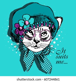 Vector white cat with glasses, hat and scarf. Kitten in a green beret. Hand drawn illustration of dressed cat.