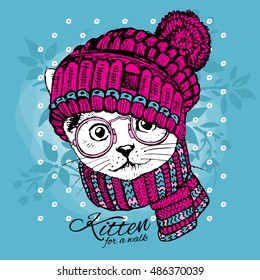 Vector white cat with glasses. Kitten in a  hat and scarf. Hand drawn illustration of dressed cat.