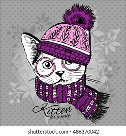 Vector white cat with glasses. Kitten in a  hat and scarf. Hand drawn illustration of dressed cat.