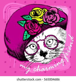 Vector white cat with glasses. Kitten in a pink beret. Hand drawn illustration of dressed cat.