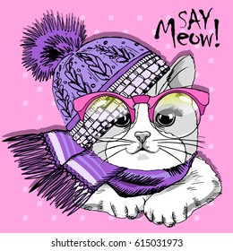 Vector white cat with glasses, knitted scarf and hat. Hand drawn illustration of white kitten.