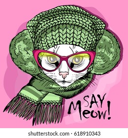 Vector white cat with glasses, knitted scarf and green hat. Hand drawn illustration of white kitten.