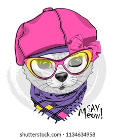 Vector white cat with glasses, pink hat and violet scarf. Hand drawn illustration of dressed cat