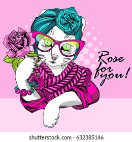 Vector white cat with glasses, pink rose and turban. Hand drawn illustration of kitten. 
