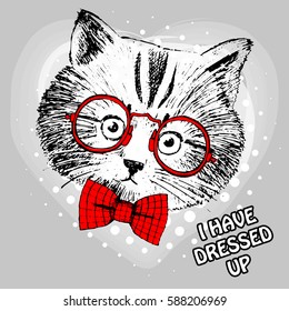 Vector white cat with glasses and red bow. Hand drawn illustration of dressed cat 2.