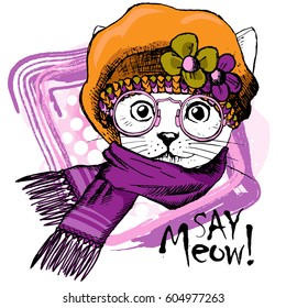 Vector white cat with glasses, yellow hat and scarf. Hand drawn illustration of dressed cat.
