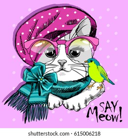 Gato blanco vectorial con gafas, pájaro amarillo y boina. Dibujo manual del gatito.