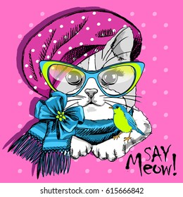 Vector white cat with glasses, yellow bird and beret. Hand drawn illustration of kitten.