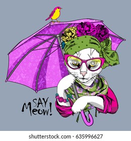 Vector white cat with glasses, yellow bird and umbrella. Hand drawn illustration of dressed kitten.