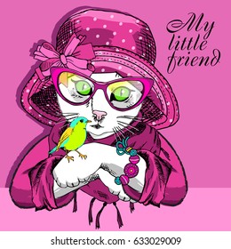 Vector white cat with green bird and hat. Hand drawn illustration of kitten.