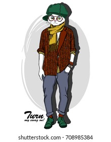 Vector white cat with a green cap, glasses  and yellow scarf. Hand drawn illustration of dressed cat 