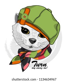 Vector white cat with green hat and checkered  scarf. Hand drawn illustration of dressed cat