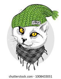 Vector white cat with green knitted hat and scarf . Hand drawn illustration of kitten.