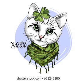 Vector white cat with green scarf and bow. Hand drawn illustration of dressed kitten.