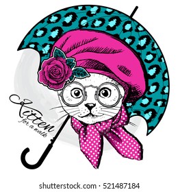 Vector white cat with green umbrella and glasses. Kitten in a hat and neckerchief. Hand drawn illustration of dressed cat.