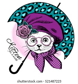 Vector white cat with green umbrella. Vector white cat with glasses. Kitten in a hat and neckerchief. Hand drawn illustration of dressed cat.