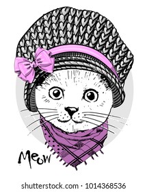 Vector white cat with grey knitted hat and scarf. Hand drawn illustration of dressed cat.