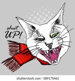 Vector white cat. Hand drawn illustration of dressed cat. Shut up