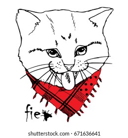 Vector white cat. Hand drawn illustration of cat. 