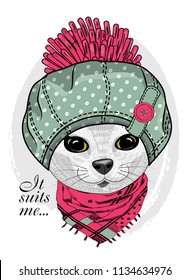 Vector white cat with hat and pink scarf. Hand drawn illustration of dressed cat