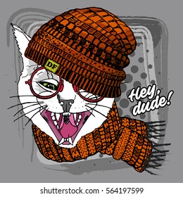 Vector white cat in a hat, scarf and red glasses. Hand drawn illustration of dressed cat 