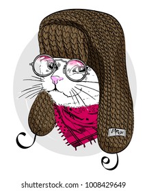 Vector white cat with knitted hat, red scarf and silwer glasses. Hand drawn illustration of kitten.