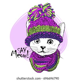 Vector white cat with knitted hat. Hand drawn illustration of kitten.