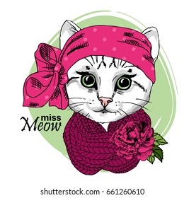 Vector white cat with neckerchief, rose, knitted scarf and bow. Hand drawn illustration of dressed kitten.