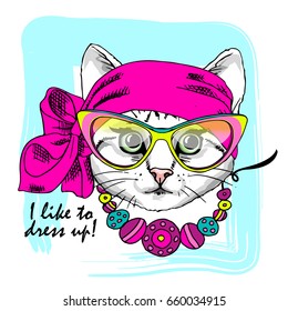 Vector white cat with necklace, bow and glasses. Hand drawn illustration of dressed cat. 