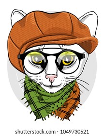 Vector white cat with orange cap, scarf and glasses. Hand drawn illustration of dressed cat.