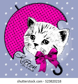 Vector white cat with pink bow and umbrella. Hand drawn illustration of dressed cat.