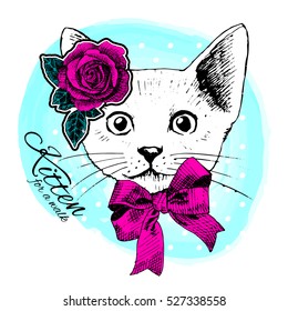 Vector white cat with pink bow and rose