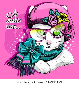 Vector white cat with pink glasses and hat. Hand drawn illustration of kitten.