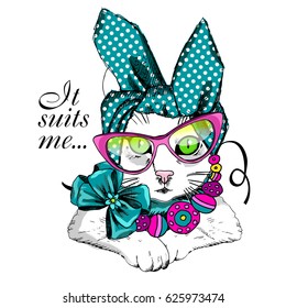 Vector white cat with pink glasses, bow and necklace. Hand drawn illustration of kitten.