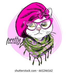 Vector white cat with pink glasses, beret, green scarf and bow. Hand drawn illustration of dressed kitten.
