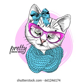 Vector white cat with pink glasses, blue scarf and bow. Hand drawn illustration of dressed kitten.