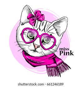 Vector white cat with pink glasses, scarf and bow. Hand drawn illustration of dressed kitten.