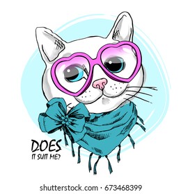 Vector white cat with pink glasses and blue scarf. Hand drawn illustration of kitten.